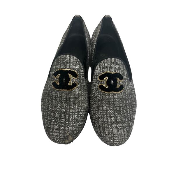 CHANEL Silver/Black Tweed Interlocking CC Logo Accent Loafers Flats Size 37 US 7 - Picture 4 of 10